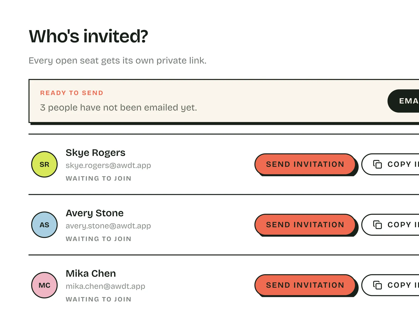 The guest list, with three people waiting to join and a Send invitation button beside each name.
