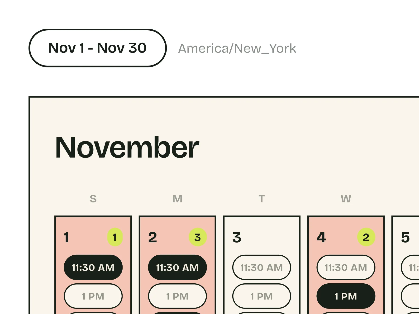 A November availability calendar with time slots selected on the days that work.