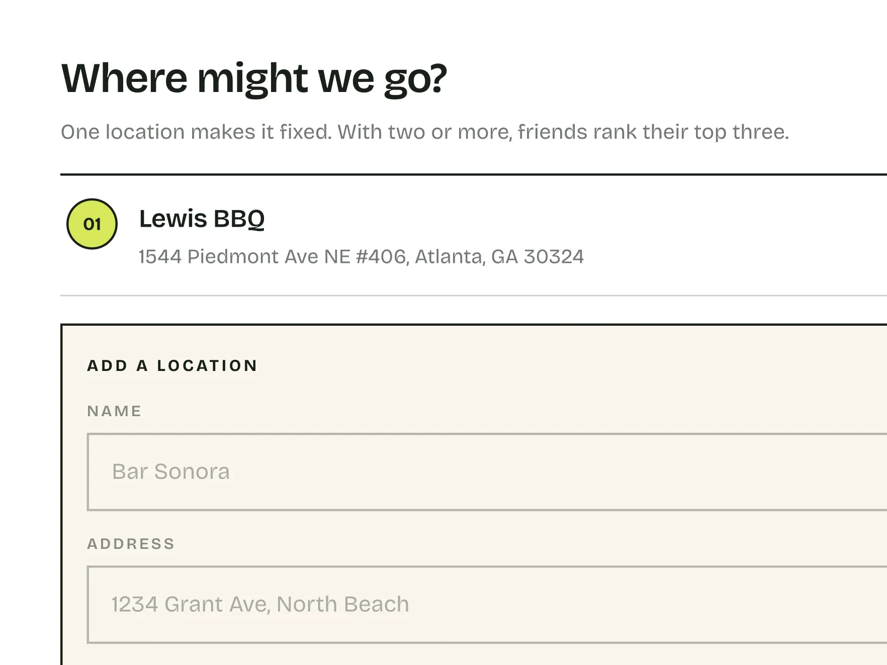 The locations step, with one place added and a form to add another by name and address.