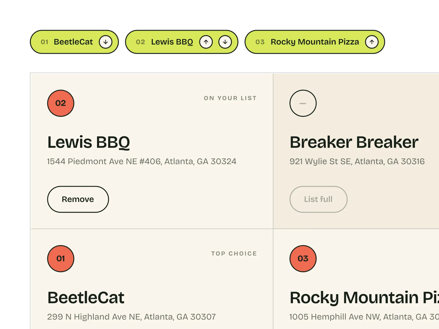A ranked shortlist of three places, above a card for each location showing its rank.